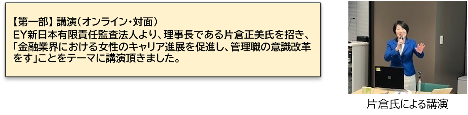 【第一部】講演（オンライン・対面）EY新日本有限責任監査法人より、理事長である片倉正美氏を招き、  「金融業界における女性のキャリア進展を促進し、管理職の意識改革をす」ことをテーマに講演頂きました。  ディスカッション後は、講師である片倉氏からも講評を頂きました。片倉氏による講演